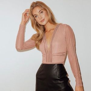 NWT Casita Beige Sheer Lace Long Sleeve Bodysuit